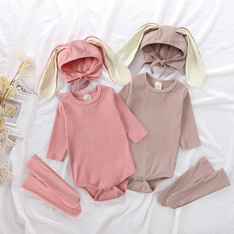 2024 Cute Baby Rabbit Romper Sets Ear Hat Bodysuit Socks Solid Cotton Infant Girls Jumpsuits Korean Toddler Boys Outfits Clothes 241025