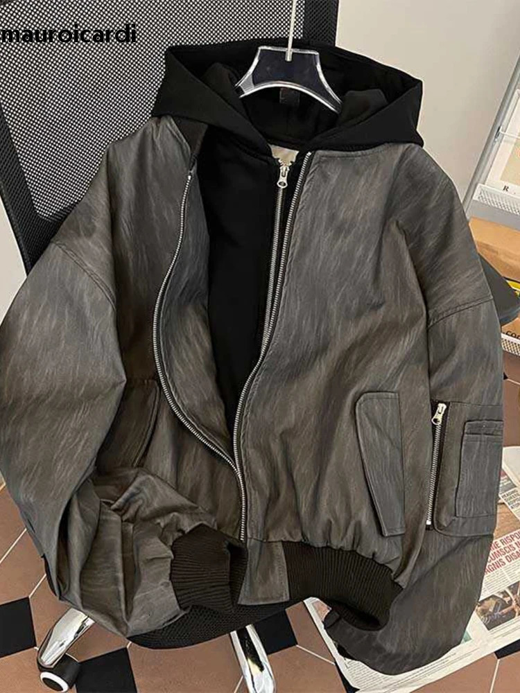 Mauroicardi Spring Autumn Cool Vintage Distressed Pu Leather jacket Men Zipper 2 Piece y ner Clothes Hoodie 241025