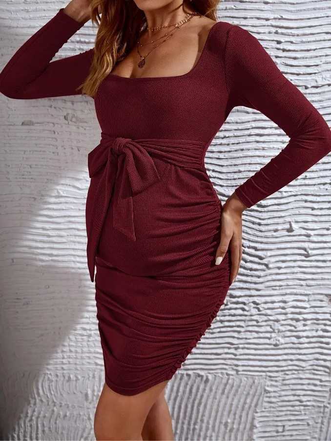Pregnant womens elegant square neckline bow front pleated dress womens mature body dress party casual clothing pregnant W241026