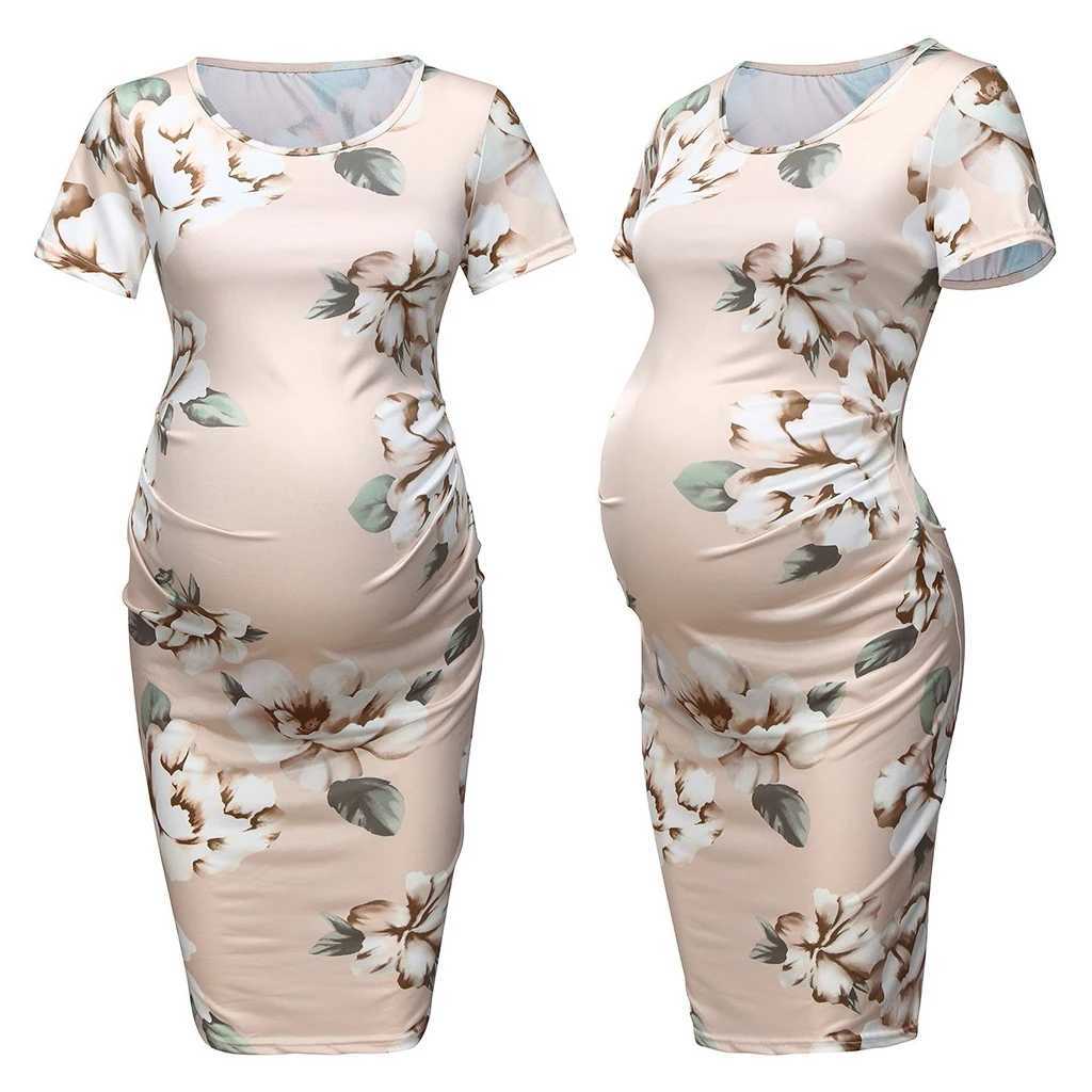 Womens maternity dress fashionable short sleeved O-neck printed maternity dress floral close fitting clothing W241026