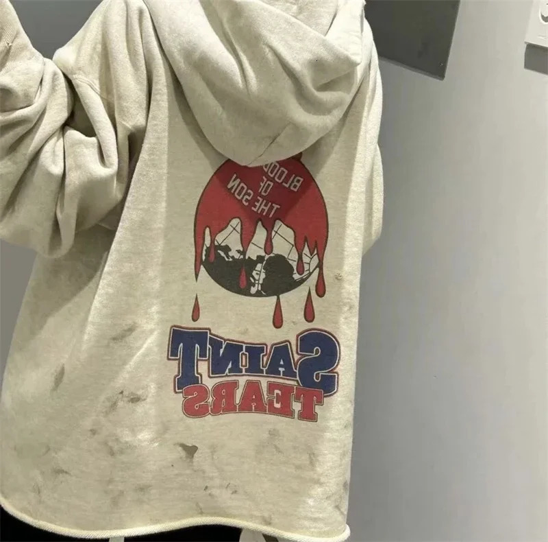 Washed Black Saint Hoodie Men Women Pullover Graffiti Damaged Hooded 241025