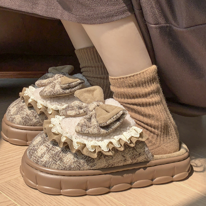 Butterfly Knot Cotton Slippers Women: Plush, Thick Sole for Height Increase, 2023 Release e5b1