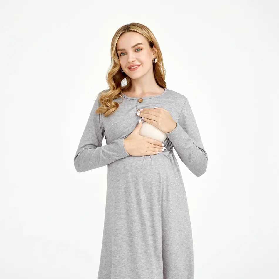 Summer Womens Solid Color Pregnant Long Dress Comfortable Foldable Round Neck Fashionable Breast Enhancement Dress W241026