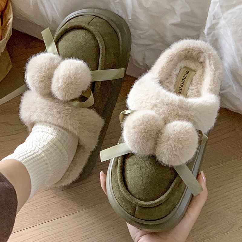 Cozy 2024 Winter Cotton Slippers for Women: Veet Warmth, Anti-Slip, Double Ball Butterfly Knot, Indoor/Outdoor 2593