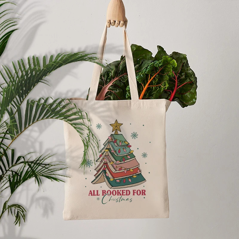 Christmas Book Tree Pattern Canvas Tote Bag Book Lovers Christmas Gift Women Shopping Bag Xmas Gift for Friends Shoulder Bags 241025