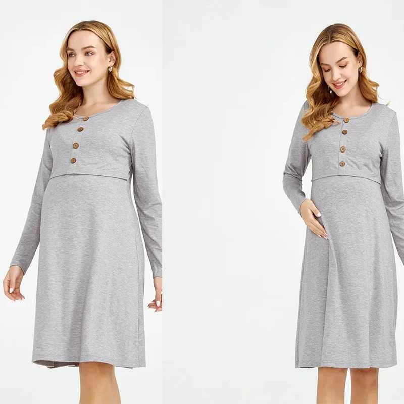 Summer Womens Solid Color Pregnant Long Dress Comfortable Foldable Round Neck Fashionable Breast Enhancement Dress W241026