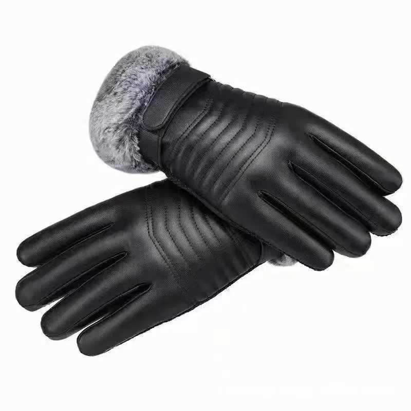 Winter Warm Black PU Gs Mens Fur Mouth Plush Insulated Gloves Mens Outdoor Bicycle Touchscreen Cotton Gs W241026