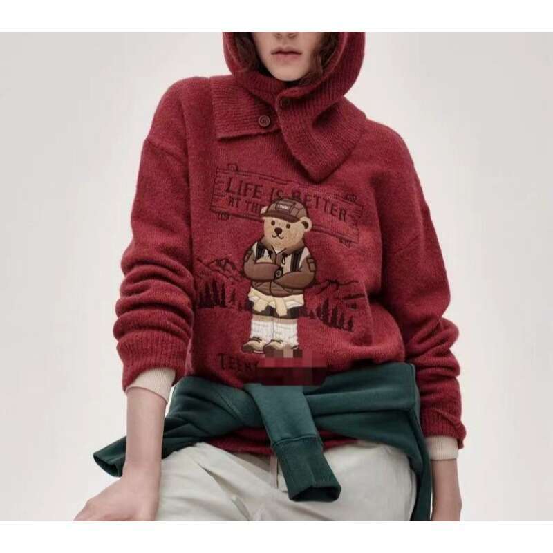 2024 Women's Winter Clothing New Detachable Hat Retro Fashion Round Neck Hoodie Knitted Women Sweater Pull Coreen