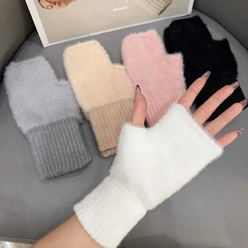 Soft Plush Half Finger Gs Womens Winter Warm Elastic Fur Gloves Solid Color Arm Cover Finger Gs Hand Warmer W241026