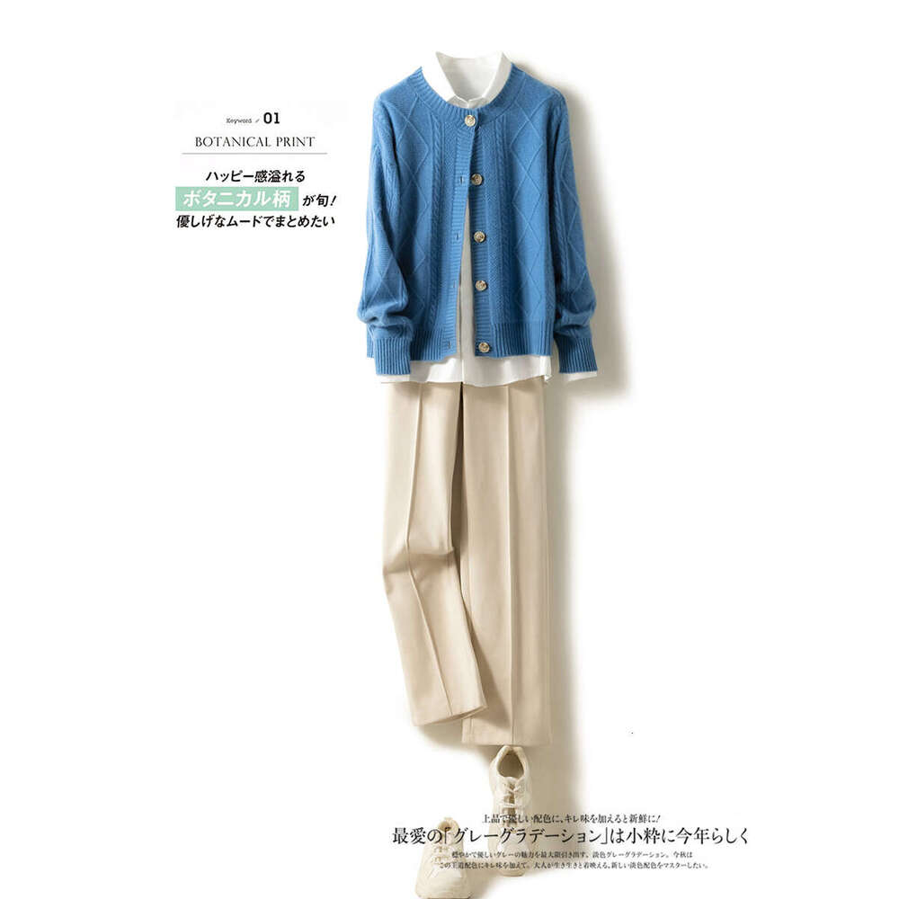 2021 Autumn/Winter New Cashmere Women's Round Neck Cardigan Sweater Coat Twist Loose Large Size Knit 100% Wool