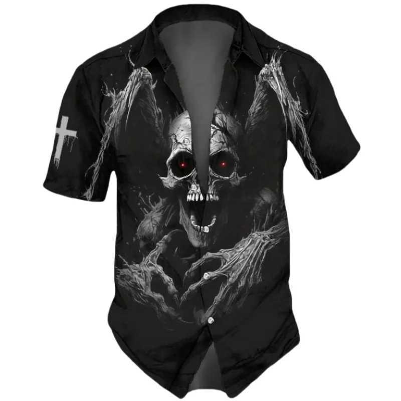 Horror Skull Print Mens Summer Hip Hop Style Short Sleve Collar Mens T-shirt Haian Beach Holiday Shirt W241026