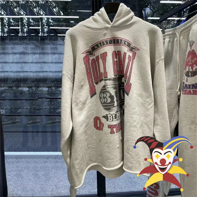 Washed Black Saint Hoodie Men Women Pullover Graffiti Damaged Hooded 241025