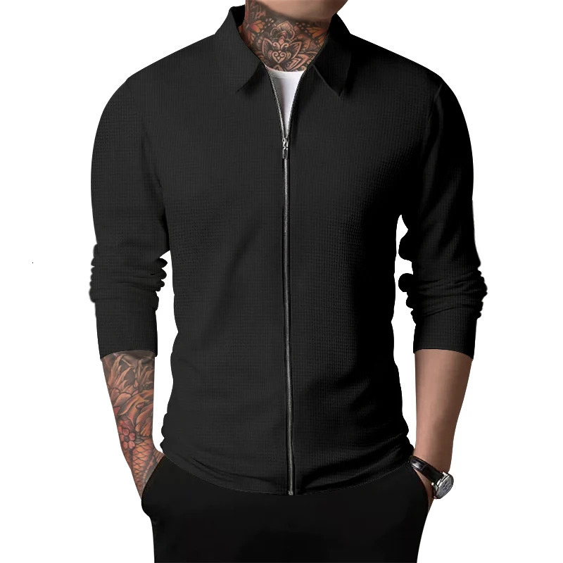 Spring and autumn 2023 mens Sportswear zippered long sleeved polo shirtpolyester fiber solid checkered 241025