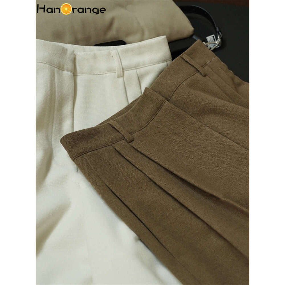 Hanorange 2024 Autumn Winter Simple High Waist Double Pleated Wide Leg Pants Women Loose Casual Trousers Female White/Brown