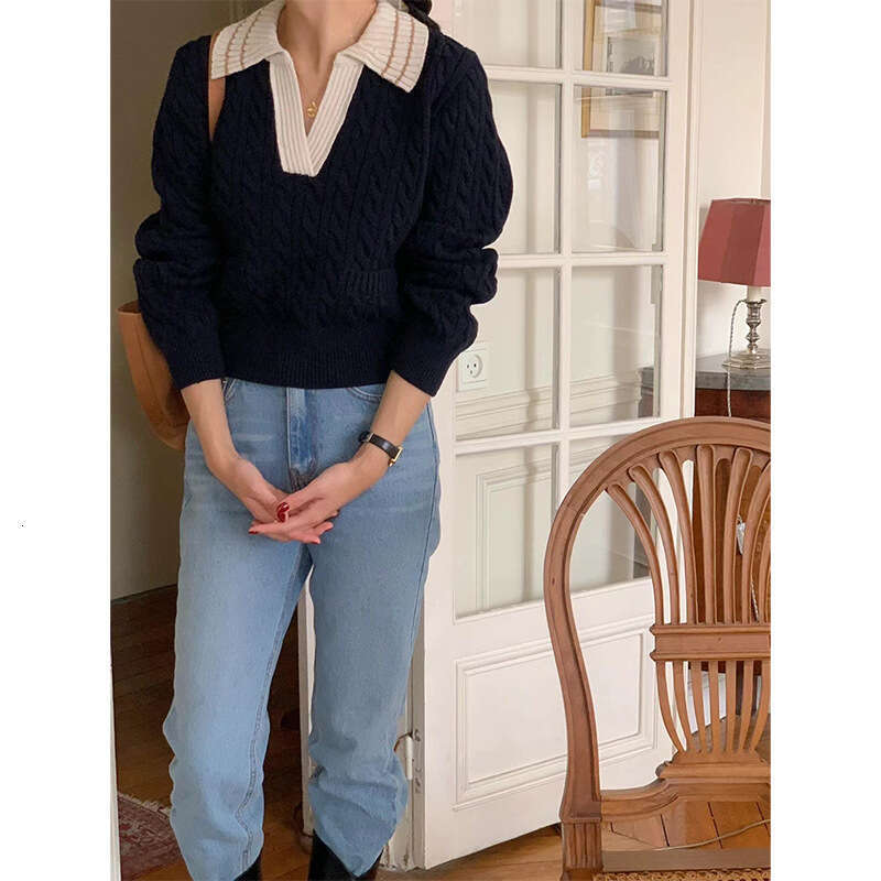 Color Contrast Lapel Fried Dough Twists Knit Design Women Autumn & Winter Long Sleeve Top Pullover Sweater Women's Wear