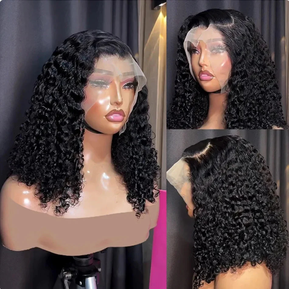 Short Bob Wigs Loose Deep Wave 13x4 Front Human Hair Curly Transparent Lace Frontal 4x4 Closure Wig Remy #1B