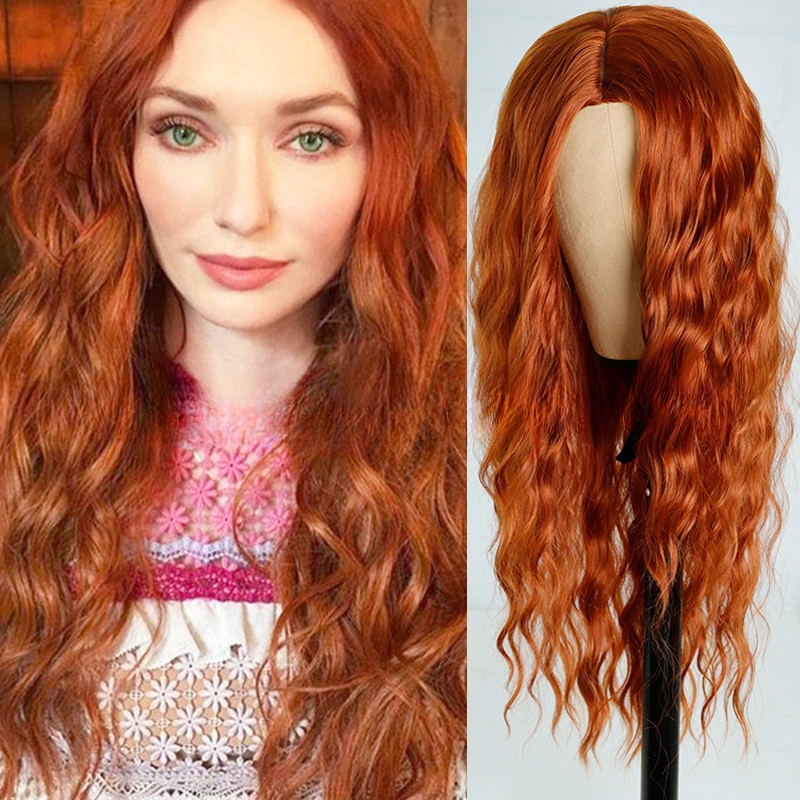 Wig women wine red long hair female middle part corn perm long curly hair chemical fiber wig