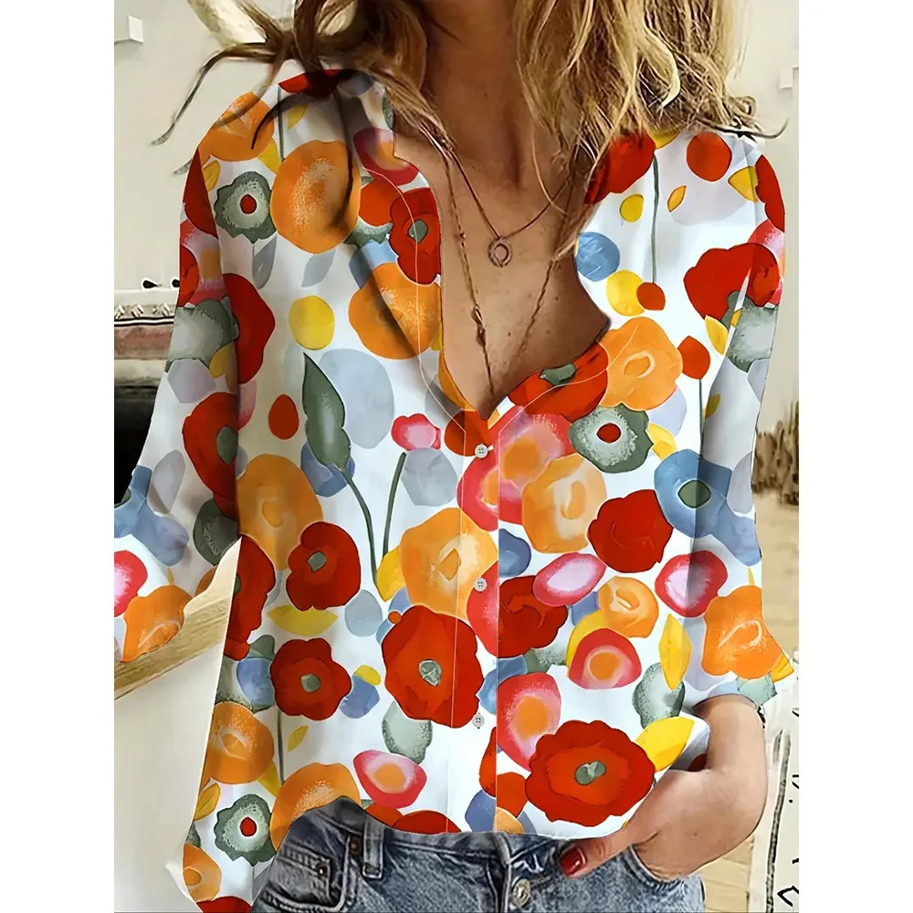Womens 2024 3d Christmas Printed Long Sleeve Shirts Elegant Lapel Top Winter Spring SingleBreasted Basic Shirt 241025