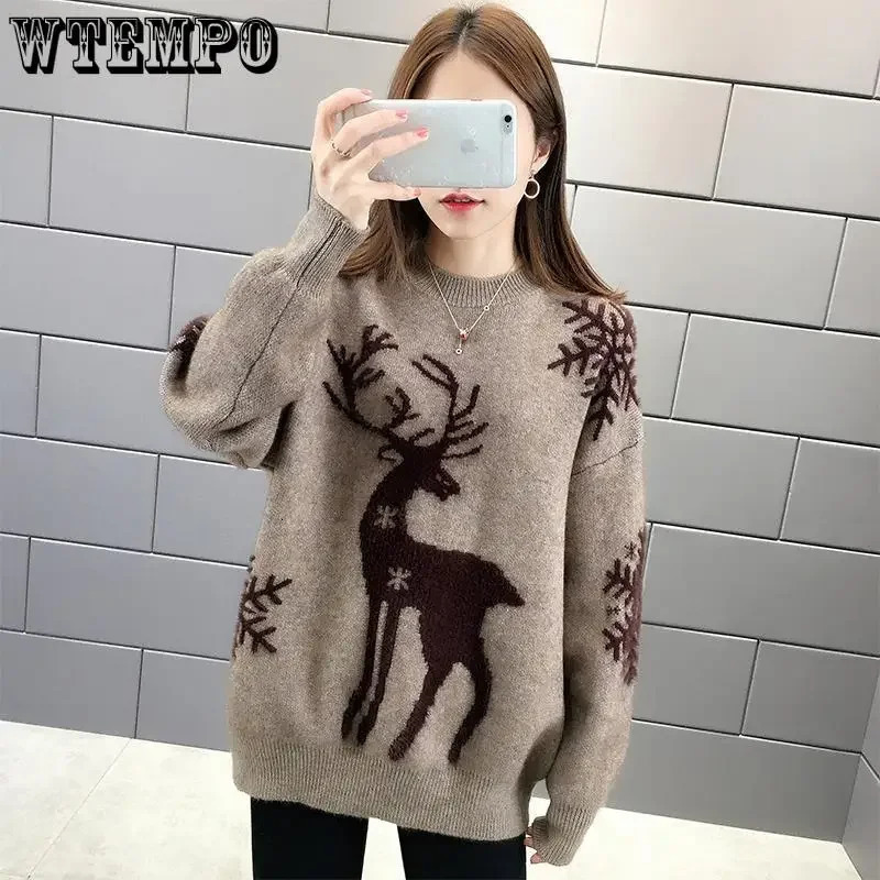 WTEMPO Christmas loose knit sweater suitable for women autumn winter warm casual knitting fully matched soft T-shirt 241025