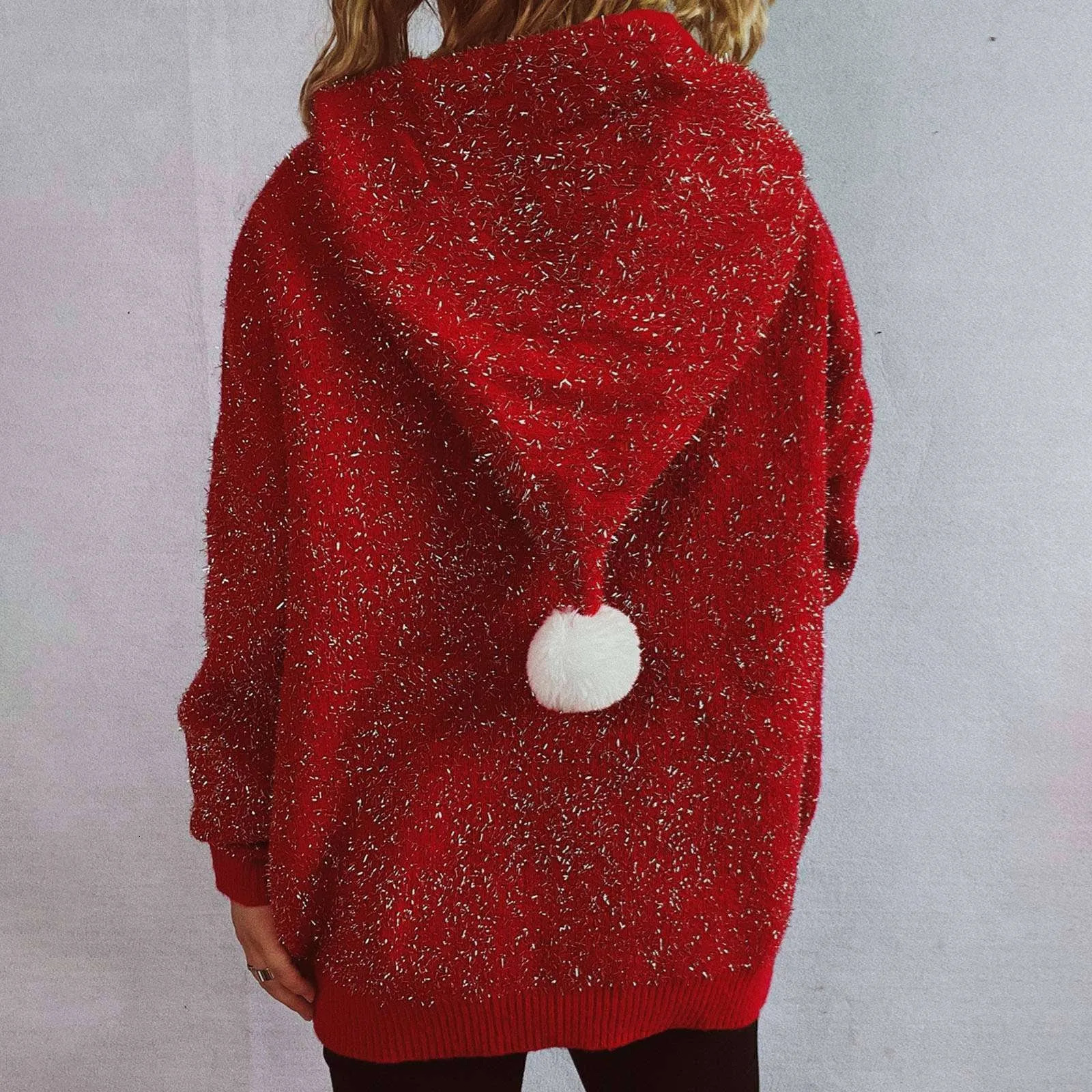 Full matching Christmas tree hooded womens sweater loose and ugly Christmas sweater fashionable casual zipper thick knitted sweater 241025