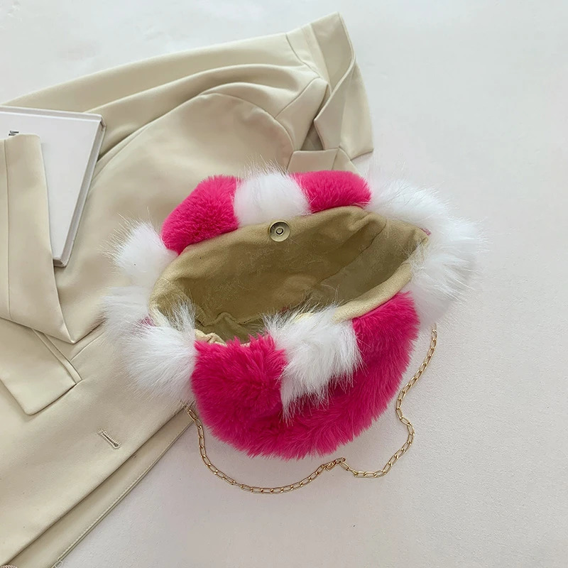 Small bucket bag handbag fluffy plush cross body bag womens soft top handbag womens faux fur handbag 241025