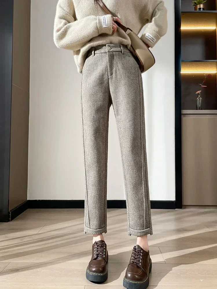 High waisted thick tweed straight pants for autumn and winter new loose casual herringbone warm thick cut pants M241111