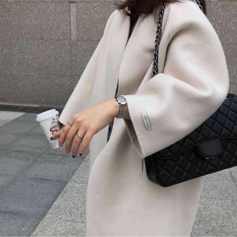 Korean Chic Minimalist Women's Autumn And Winter Temperament Double Pocket Long Sleeved Mid Length Cardigan Woolen Jacket