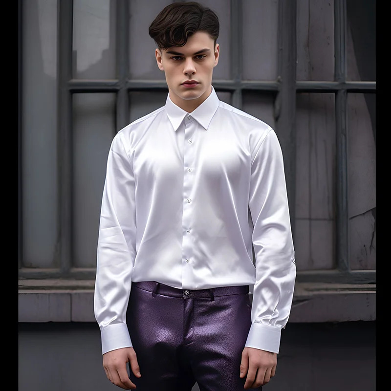 Mens Satin Dress Shirts Fashion Silk Smooth Male Tuxedo Shirt Solid Wedding Party Prom Casual Business Office 241025