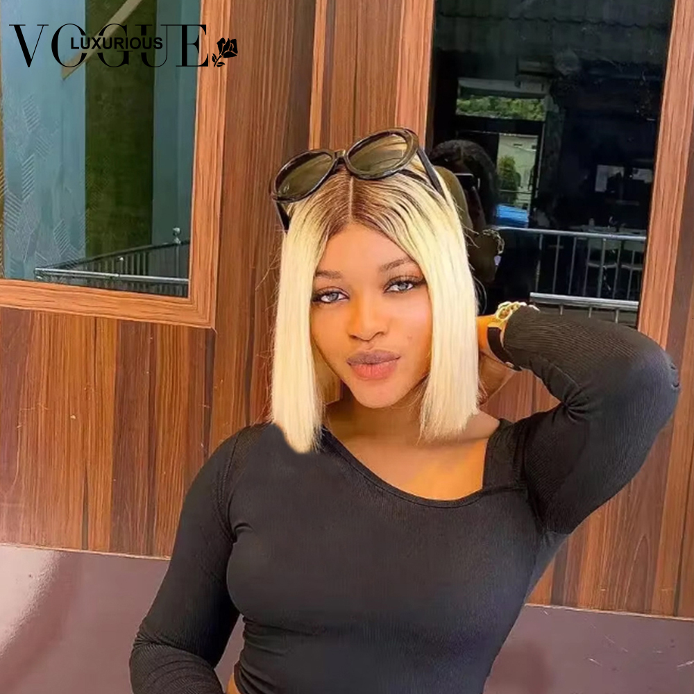 Straight Short Bob Ombre Honey Blonde Colored Glueless 5x5 Lace Closure Wig e Cut Brazilian Remy Human Hair Wigs On Sale