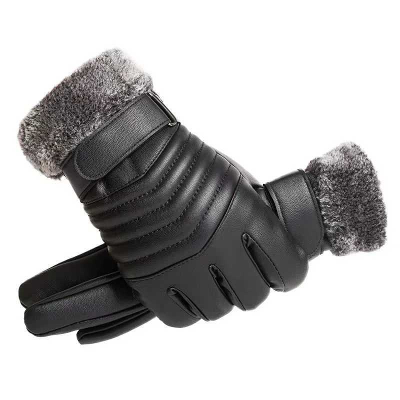 Winter Warm Black PU Gs Mens Fur Mouth Plush Insulated Gloves Mens Outdoor Bicycle Touchscreen Cotton Gs W241026