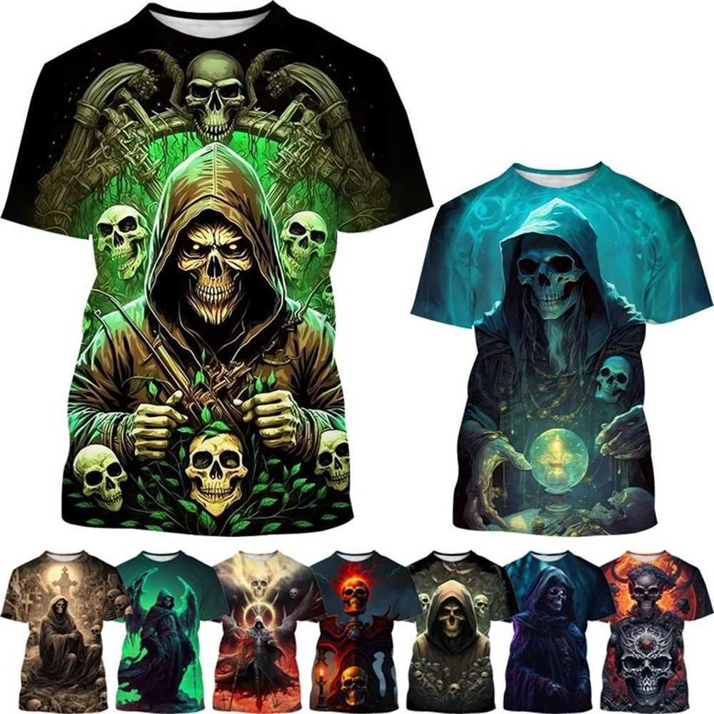 Hot selling new skeleton 3D printed mens and womens fashionable horror short sleeved flame skull casual T-shirt W241026