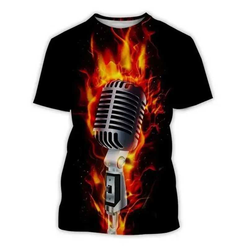 New Summer Microphone Pattern 3D Printed T-shirt Personalized Fashion Mens Round Neck Top Hip Hop Short Sleeve Clothing W241026
