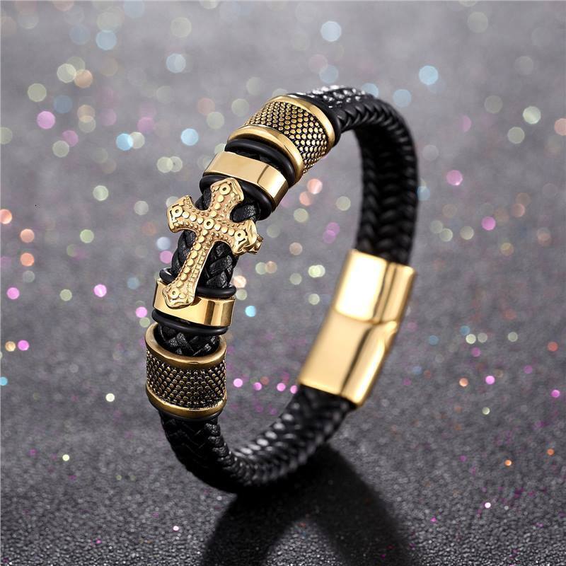 handmade PU woven cross men's leather bracelet trend