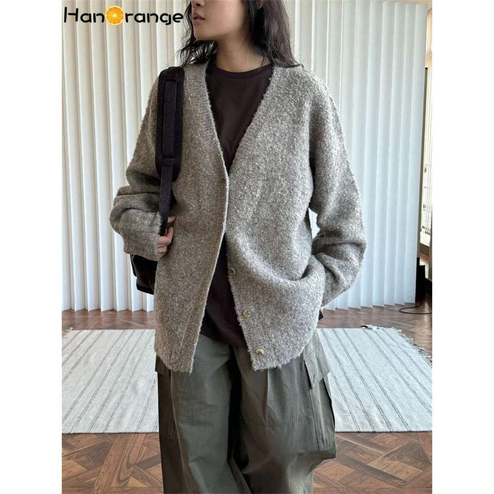 Hanorange 2024 Winter Relaxed Wool Looped Yarn Sweater Cardigan Women Thickened Warm Top Grey/Light Coffee