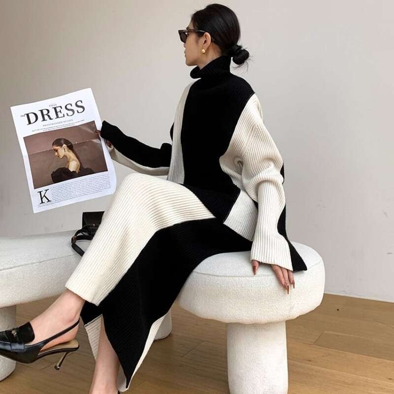 Black White Color Contrast Two-Piece Set For Women In Autumn And Winter 2023, With A Lazy Style High Neck Knitted Sweater An