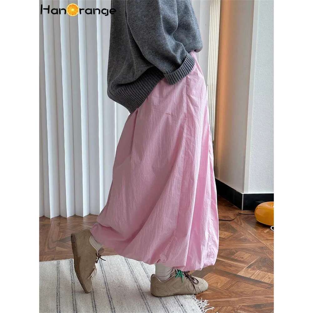 Hanorange 2024 Autumn Winter Reduced Age Bud Cotton Padded Elastic High Waist Lightweight Fluffy Skirt Pink/Gray Coffee