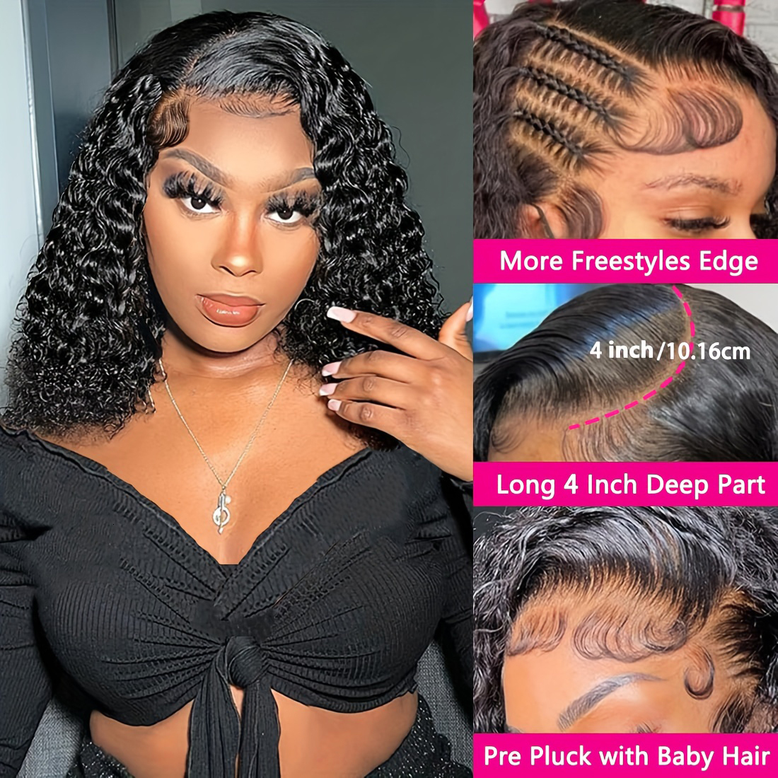 13x4 Curly Wet And Wavy Deep Wave Wig 200% Density Lace Front Human Hair For Women 4x4 Closure Short Bob Wigs