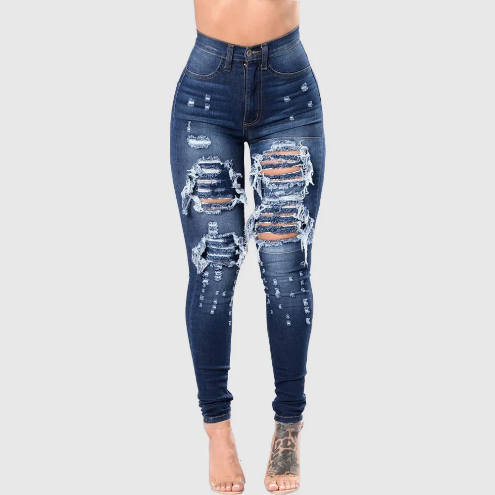 HOLE Denim Women 2024 High Waist Ripped Jeans for Skinny Black Pockets Woman Elastic Slim Jean Female Femme Pants 241025