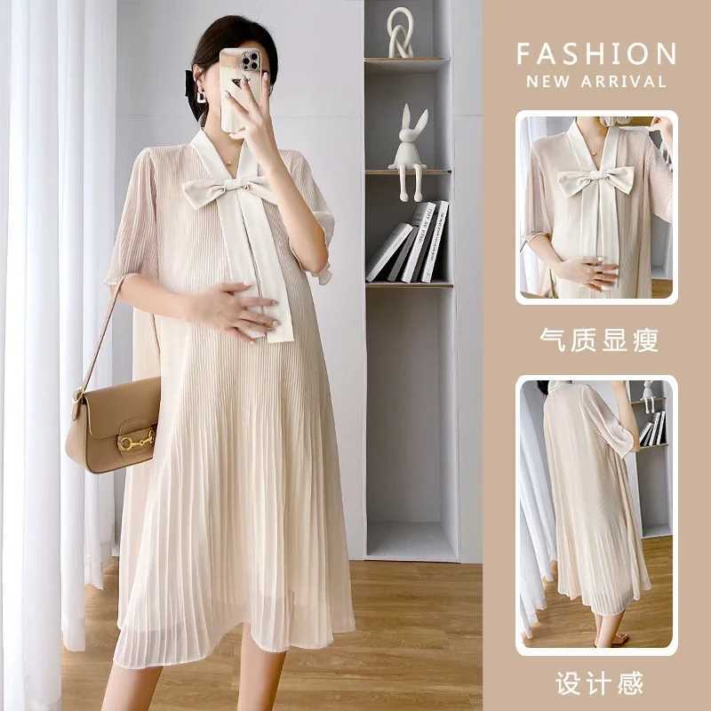 Summer Korean Fashion Chiffon Maternity Clothing Elegant Sweet Loose Maternity Clothing Ruffle Bow Maternity Clothing W241026