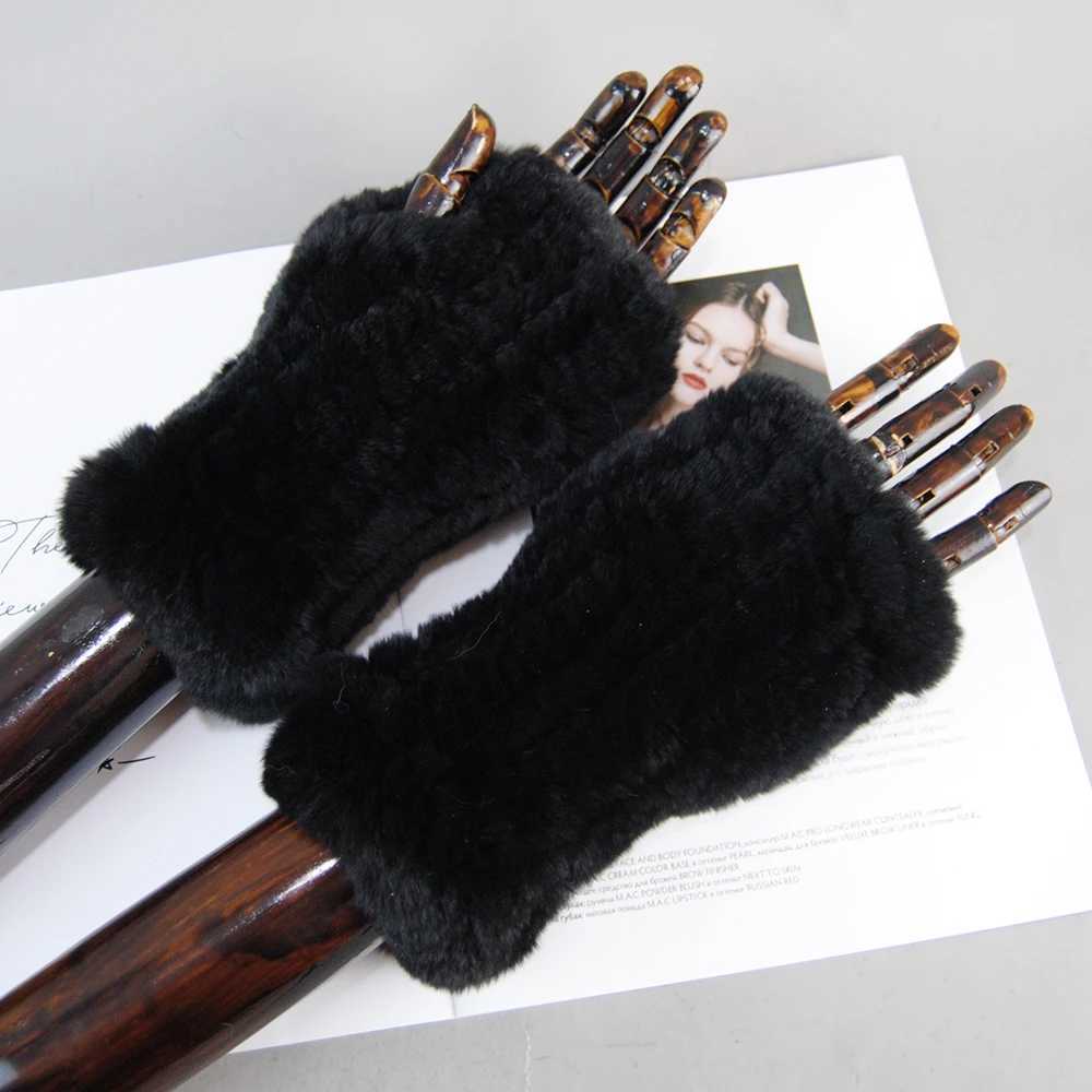 Newly arrived La Natural Real Rex Rabbit fur gloves with good elasticity knitted genuine leather gloves for womens winter warmth real fur Gs W241026