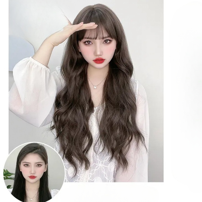 Wig for women long curly hair synthetic fiber wig with bangs and long waves