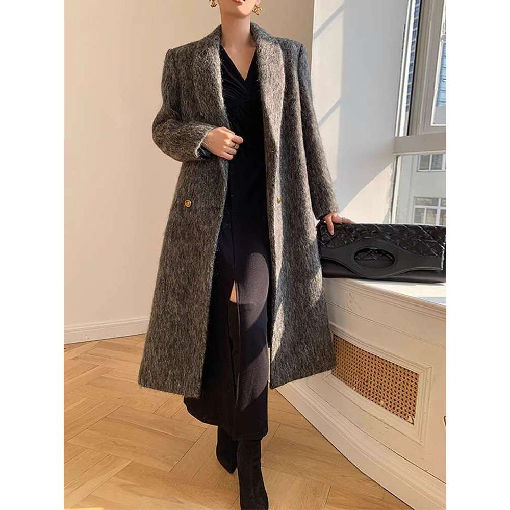 Women's Autumn Winter Fashionable Sophisticated Gray Hepburn Style Brushed And Thickened Coat