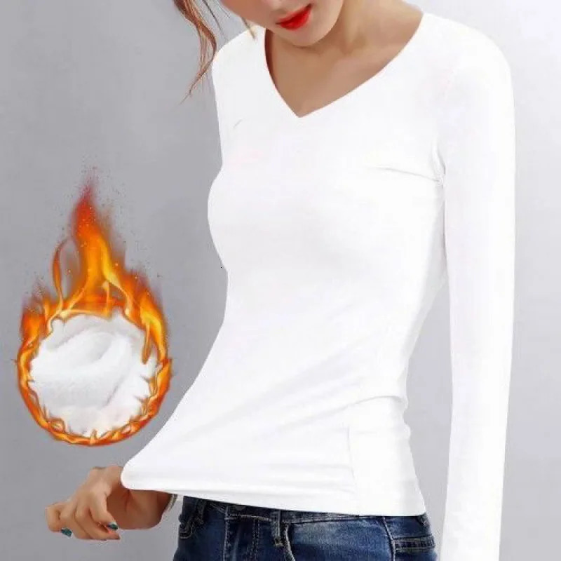 OV Neck Long Sleeve Tops Women Autumn Winter Bottoming Shirt Black White Casual Basic Slim Velvet Thermal T-Shirts 2024 241025