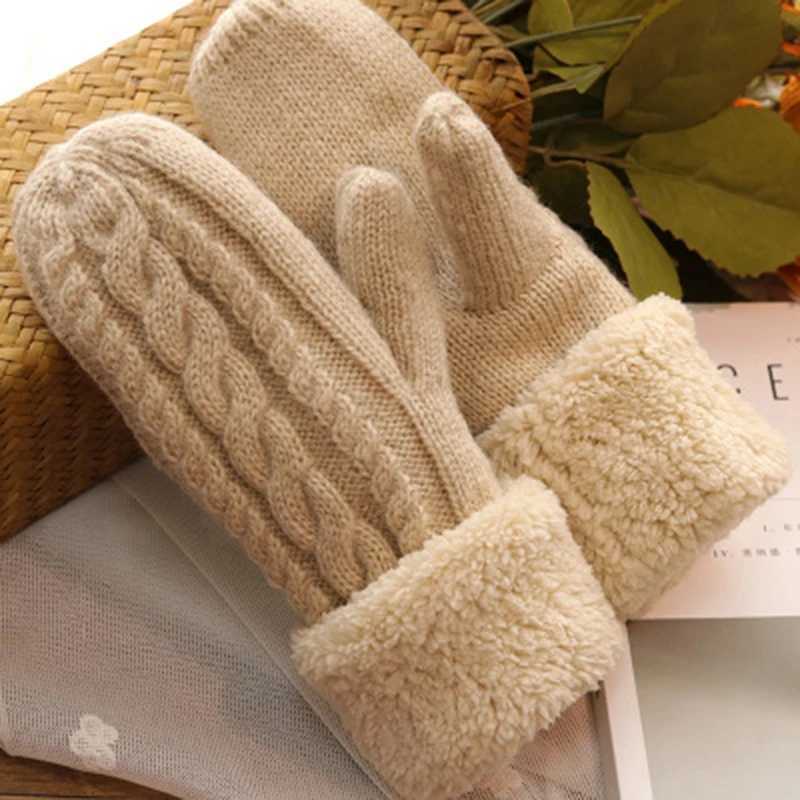 Fashionable Womens Twisted Flower Wool Knitted Gloves Neutral Double Thick Plus Velvet Full Finger Cashmere Warm Driving Gloves L45 W241026