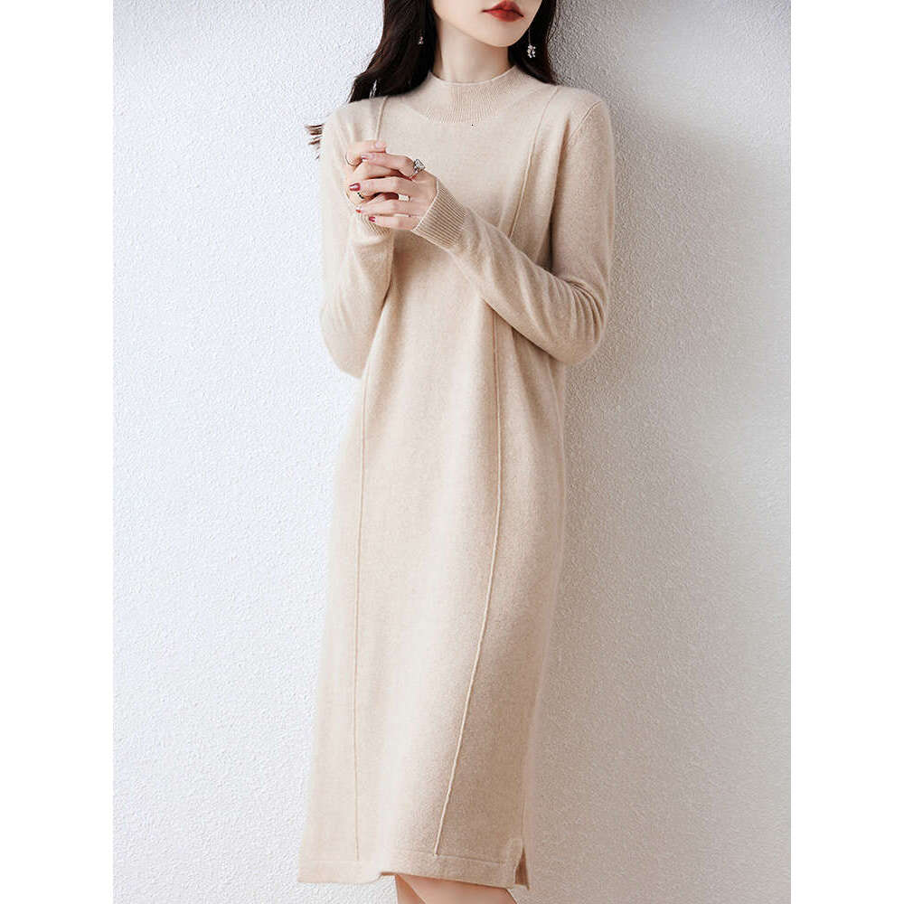 2024 New Women's Long Dresses 100% Merino Wool Autumn Winter Half High Collar Pullover Sweater Skirt Cashmere Knitwear Dress