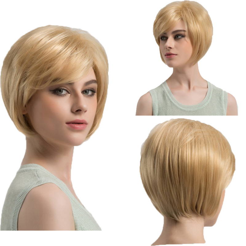 Wig for women light blonde short straight hair side bobo wig ladies headpiece human hair wig