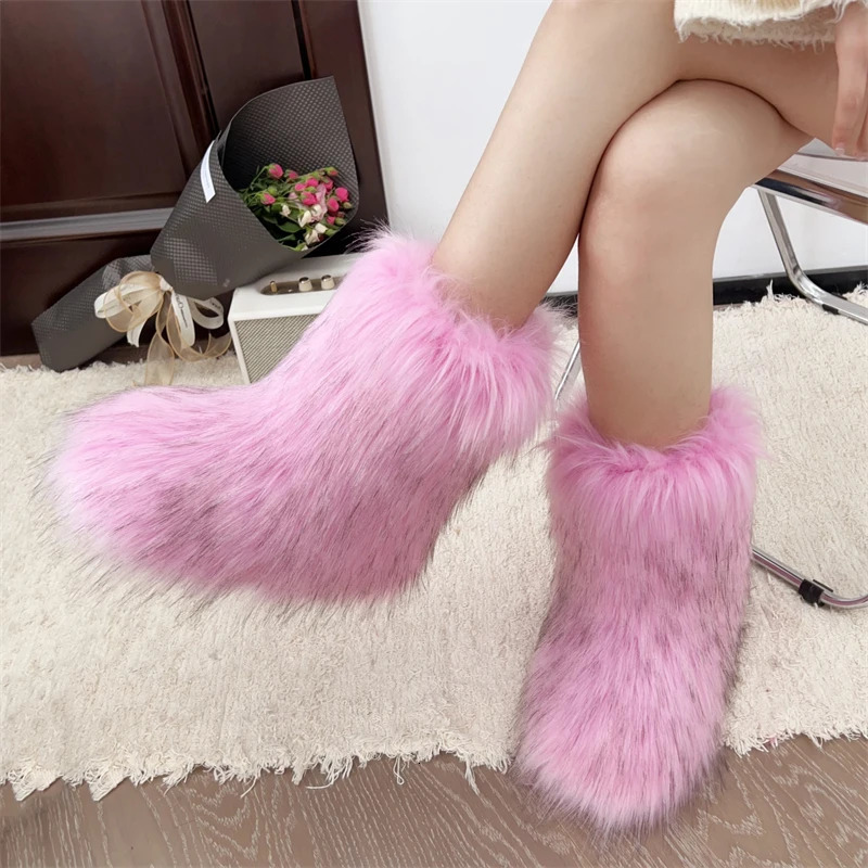 Winter Fur Onepiece Raccoon Fur Female Snow Boots Fur Shoes Outdoor Mid Leg Boots 241025