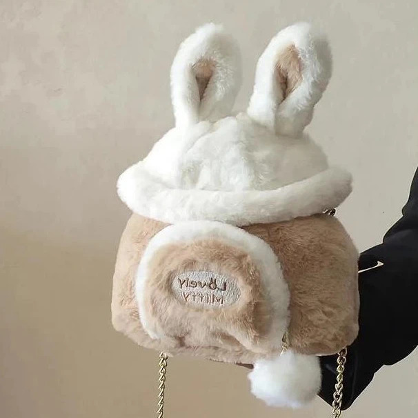 Kawaii Japanese Bag Autumn/Winter Soft Plush Storage Bag Womens Messenger Bag Cute Rabbit Ears Large Capacity Handbag 241025