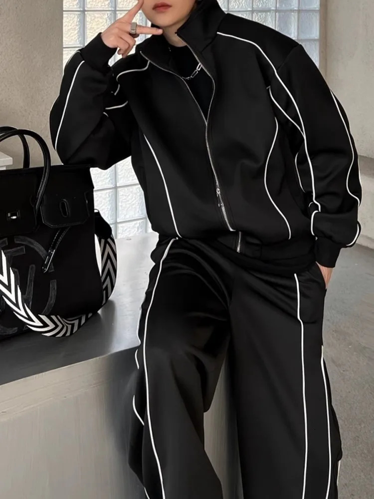 Spring Autumn Long Sleeve Stand Collar Jacket Wide Leg Pants Mens Two Piece Set Loose Fit Running Tracksuit Male Sport Sets 241025