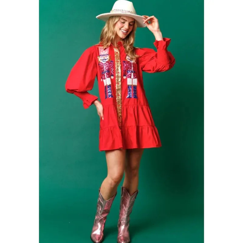 Women Sequin Christmas Shirt Dress Holiday Party Santa Sweatshirt Dresses Long Sleeve Tiered Mini Sundress for Prom Vestido 241025